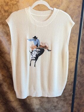 Cream Sleeveless Knit Sweater Vest with Rodeo Rider Embroidery